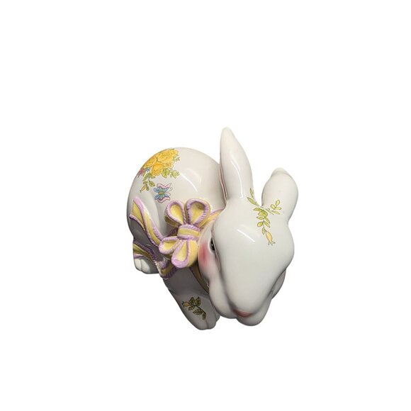 Large Ceramic Bunny Figurine With Floral & Bow Details - Picture 3 of 10